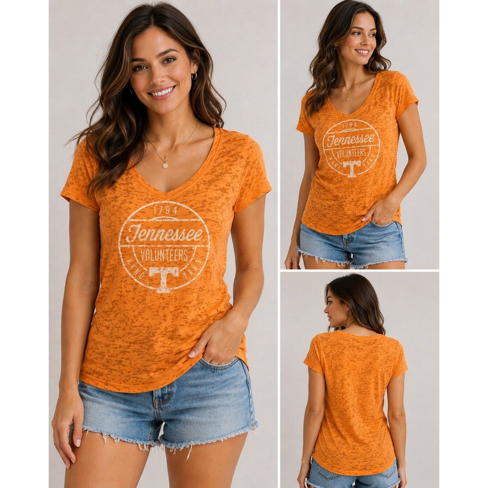 Knights Apparel Tennessee Volunteers Women L Orange Burnout V-Neck Graphic Tee